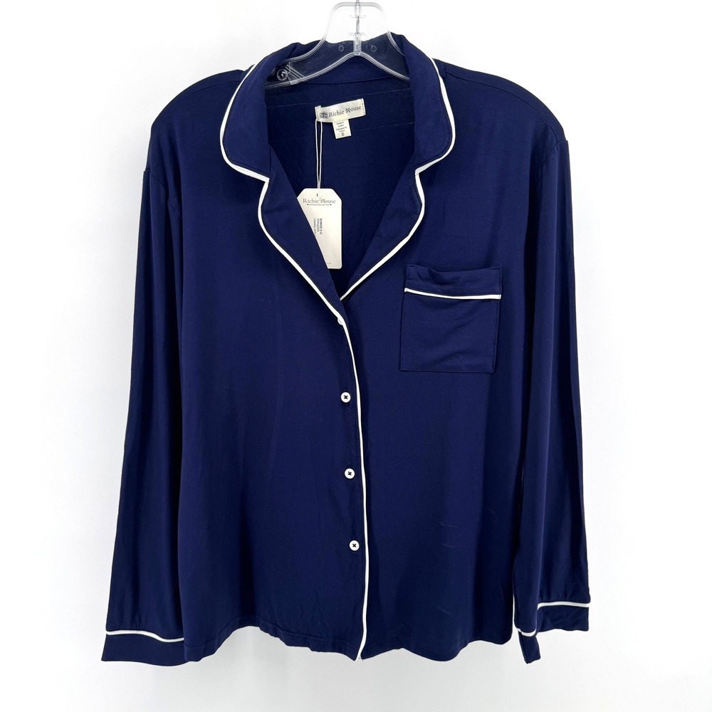 Richie House Pajama Top Women Small Navy Blue Contrast Piping Long Sleeve Shirt